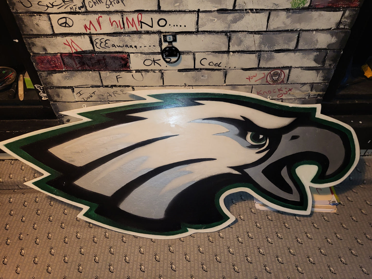 Eagles wood project. 3'×5' finished plywood. Both sides of project are painted.
