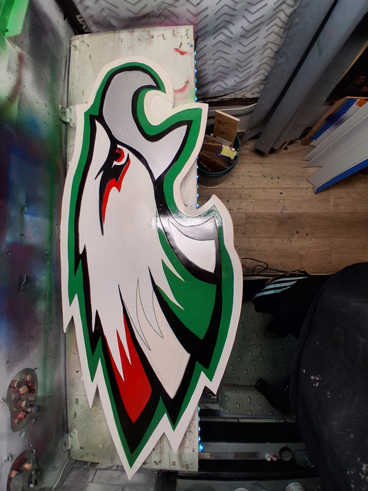Eagles wood project. 3'×5' finished plywood. Both sides of project are painted.